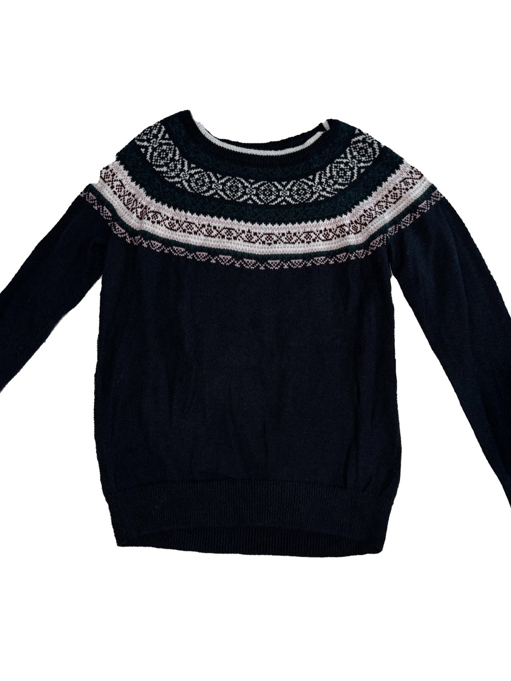 Hollister Navy Fair Isle Yoke Crew Sweater with White & Light Pink Accents